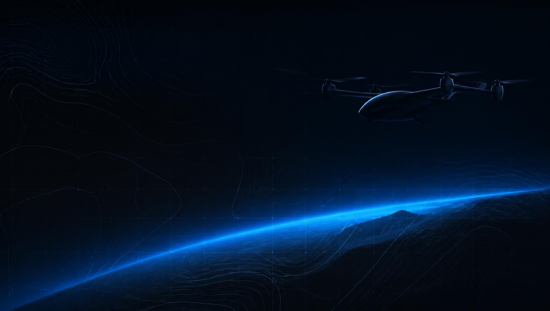 eVTOL aircraft silhouette above a technical horizon